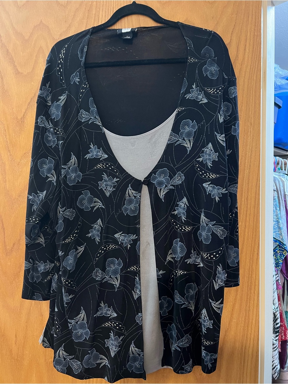 Studio Black Floral Tie-Front Layered Cardigan with Gray Inset